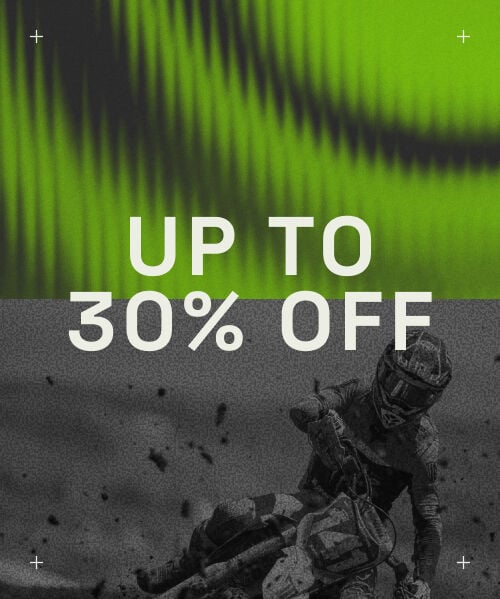 White text stating "Up to 30% off" with green, black and white background